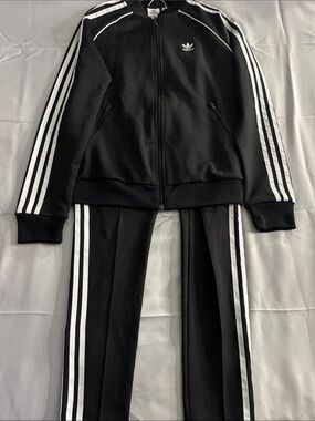 adidas Black Track Jacket and Pants with White Stripes